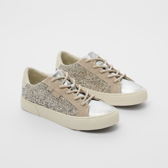 NWT. Zara Girls Silver/Tan Glitter Sneakers. Size 6. - Picture 2 of 10